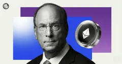 Larry Fink portrait beside an Ethereum coin on purple and blue blocks, illustrating BlackRock’s interest in Ethereum and digital asset markets