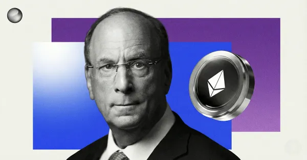 Larry Fink portrait beside an Ethereum coin on purple and blue blocks, illustrating BlackRock’s interest in Ethereum and digital asset markets