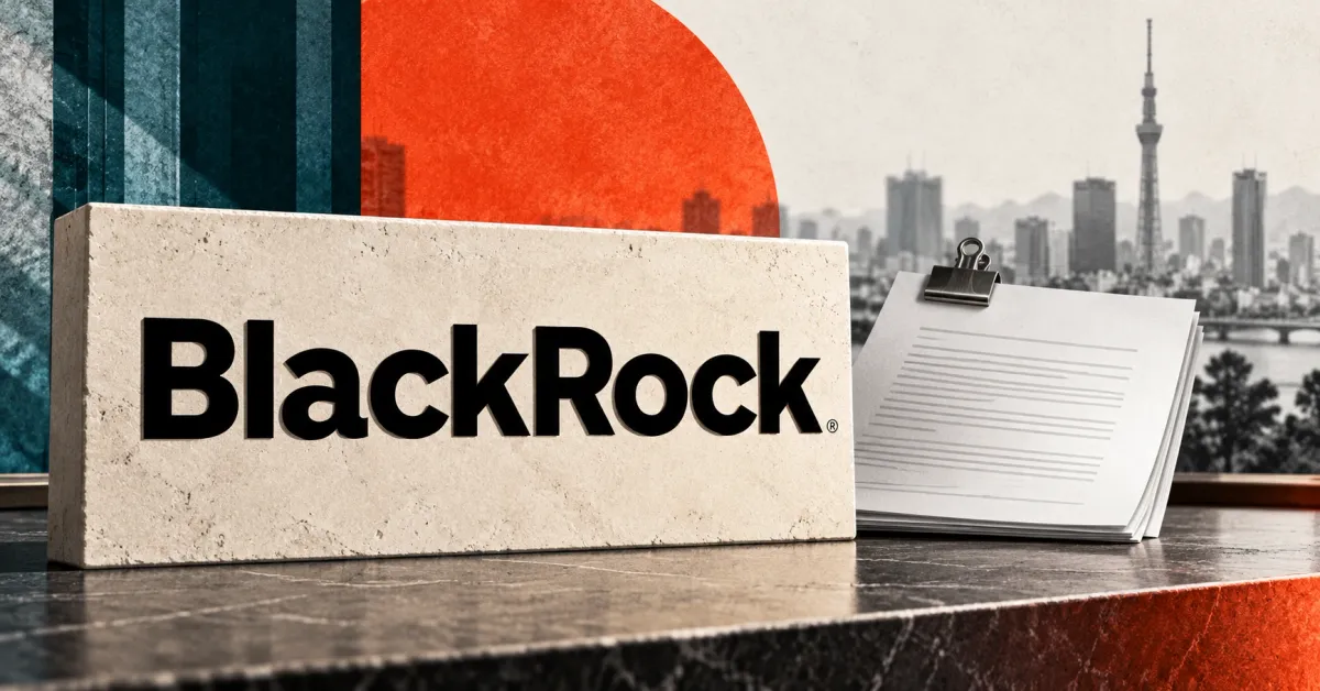 Large official black BlackRock wordmark on an ivory stone sign beside a smaller unbranded greyscale fund document in a steel clip, with Tokyo's skyline and vermilion and petrol panels behind.