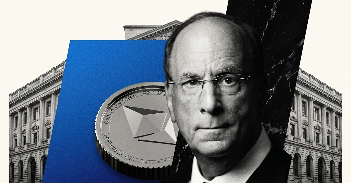 Larry Fink beside an Ethereum coin and institutional finance blocks, illustrating BlackRock's tokenized fund push on Ethereum