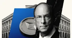 Larry Fink beside an Ethereum coin and institutional finance blocks, illustrating BlackRock's tokenized fund push on Ethereum