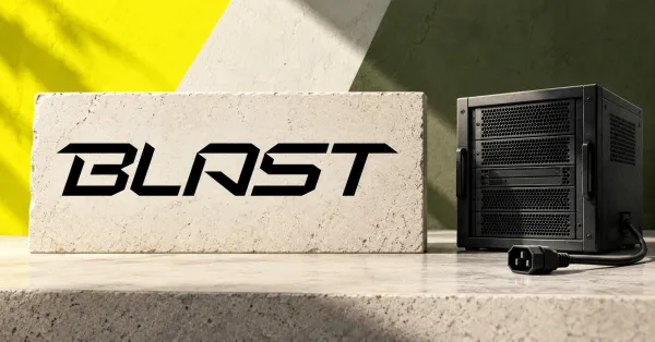 One large official black BLAST wordmark on an off-white stone sign beside an unbranded greyscale server cabinet with a disconnected power plug, against yellow and camo-green panels.