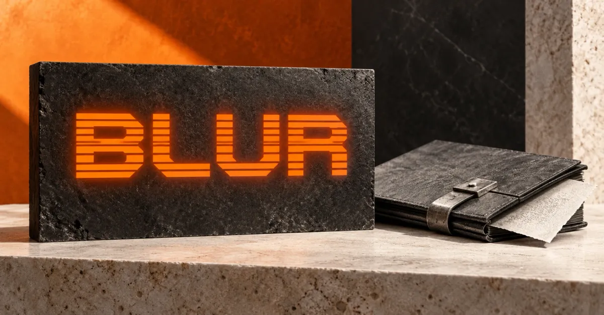 One large official orange striped BLUR wordmark on a charcoal stone sign beside an unbranded greyscale archival art folio with a metal clasp and blank textured sheet, against orange, charcoal and off-white architectural panels.
