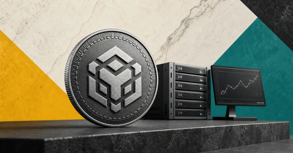 Greyscale BNB coin, validator servers and agentic trading terminal on yellow, graphite and off-white editorial panels representing BNB Chain's speed roadmap.