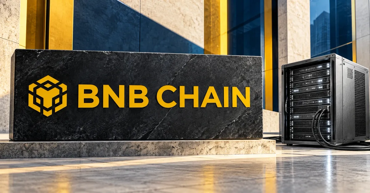 One large official yellow BNB Chain cubic emblem and BNB CHAIN wordmark on a charcoal stone sign beside a smaller unbranded greyscale rackmount server and cable, against off-white, gold and petrol blue panels.