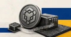 Greyscale BNB Chain emblem beside a high-performance blockchain server and transaction rail on cobalt, amber and marble editorial panels.