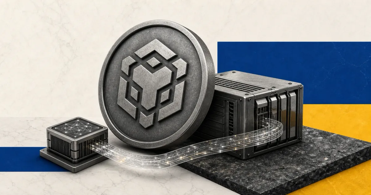 Greyscale BNB Chain emblem beside a high-performance blockchain server and transaction rail on cobalt, amber and marble editorial panels.