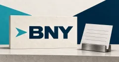One large official teal-arrow and navy BNY wordmark on an off-white limestone sign beside an unbranded greyscale lined collateral document held by a steel clamp, against teal and navy editorial panels. Conceptual Treasury financing illustration.