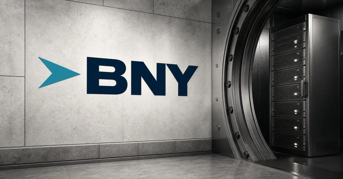 Large official BNY wordmark in teal and navy on a secure vault wall beside an unbranded greyscale institutional validator server rack.