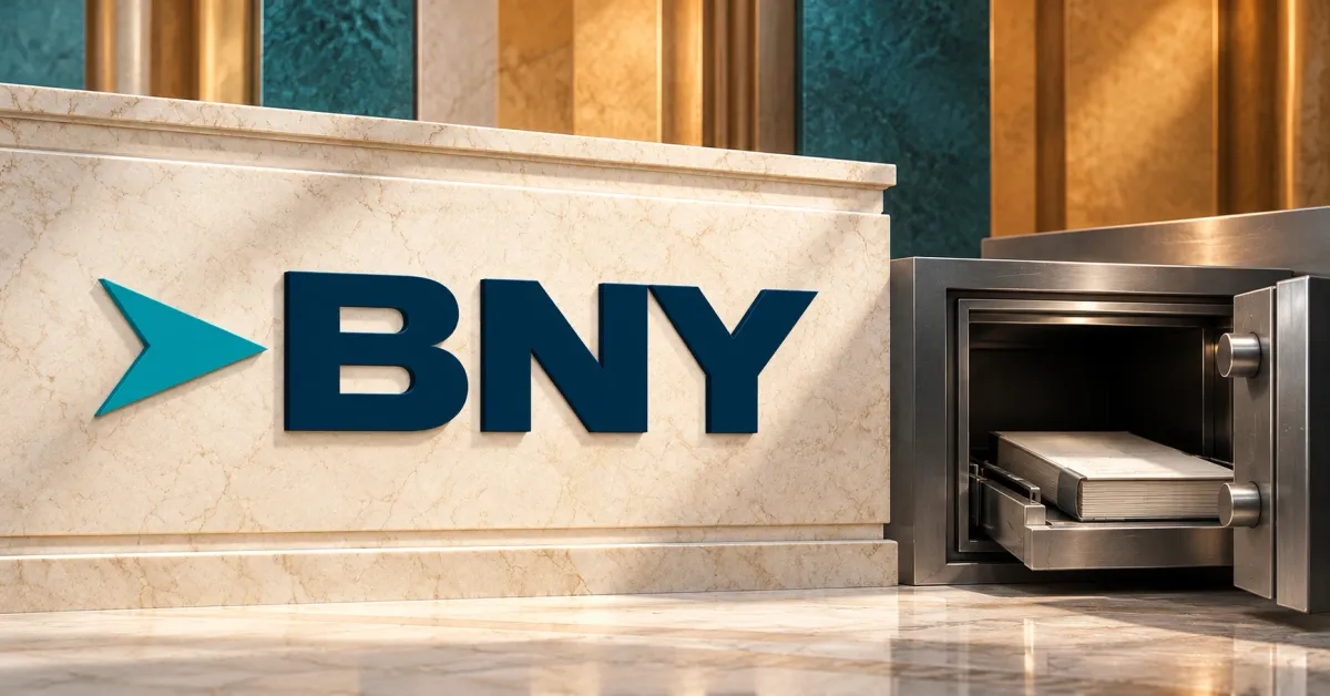 Large official BNY teal arrow and navy wordmark on an ivory stone facade beside an open unbranded steel safe holding a plain ledger, against teal and ochre panels.