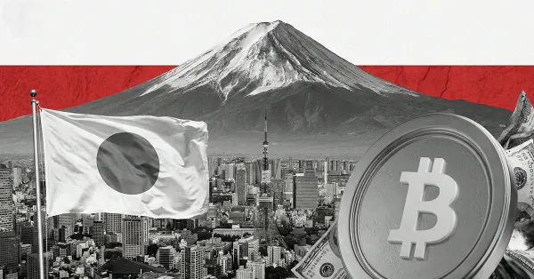 Japan skyline with Mount Fuji and national flag alongside a Bitcoin coin and yen notes, showing Japan’s growing role in Bitcoin markets