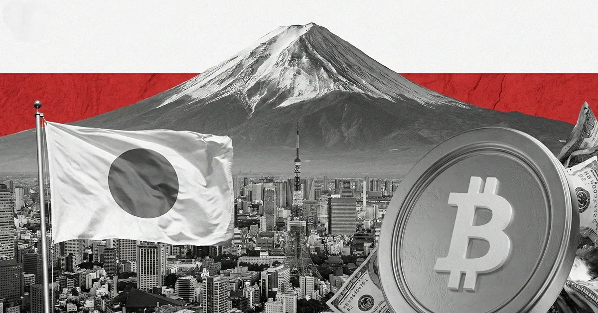 Japan skyline with Mount Fuji and national flag alongside a Bitcoin coin and yen notes, showing Japan’s growing role in Bitcoin markets