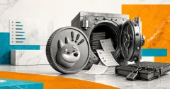 Greyscale BONK coin, DAO treasury vault, governance ballots and locked ledger on orange, cyan and off-white editorial panels.