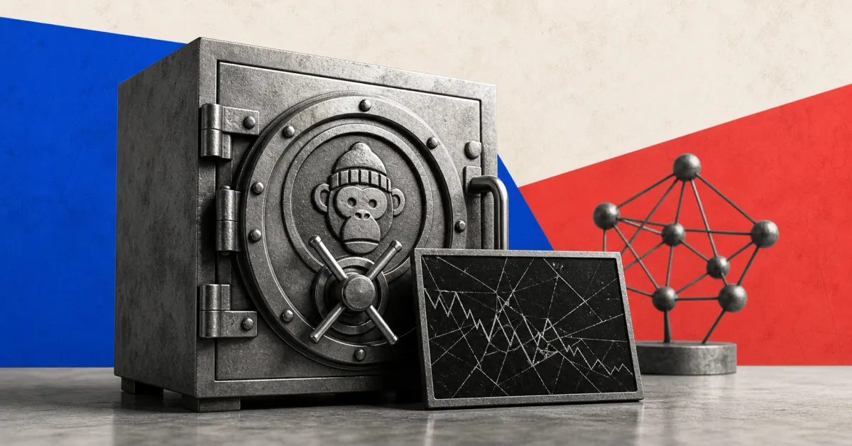 Greyscale Bonzo lending vault and Hedera-style network node beside a fractured price oracle display on cobalt blue, coral and off-white editorial panels.
