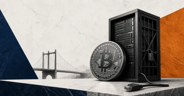 Greyscale Bitcoin coin beside a locked server rack and bridge on navy and orange editorial panels, representing the Botanix Bitcoin DeFi shutdown.