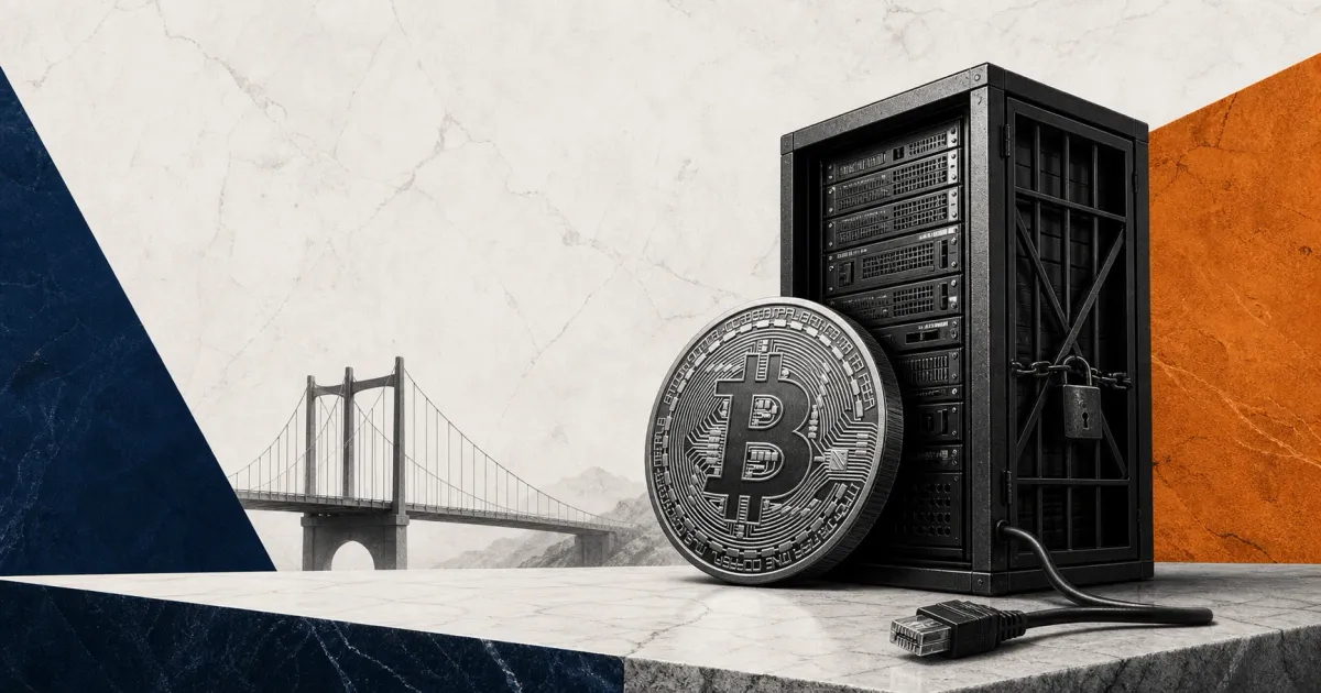 Greyscale Bitcoin coin beside a locked server rack and bridge on navy and orange editorial panels, representing the Botanix Bitcoin DeFi shutdown.