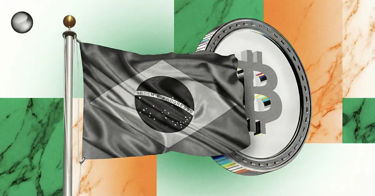 Brazilian flag next to a large Bitcoin coin, symbolizing Brazil’s cryptocurrency adoption, Bitcoin regulation, and digital asset market growth