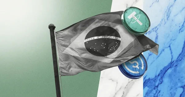 Brazil flag with USDT Tether and USDC stablecoin icons, representing Brazil’s stablecoin adoption and cryptocurrency regulation developments