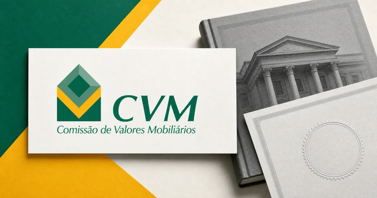 Official green and yellow CVM logo on a prominent white regulatory-document plaque beside a greyscale Brazilian securities rulebook and unbranded certificate.