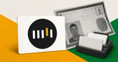Official Bybit logo mark on a prominent white placard beside a greyscale identity-verification document and unbranded account cards, representing Bybit's Brazil compliance migration.