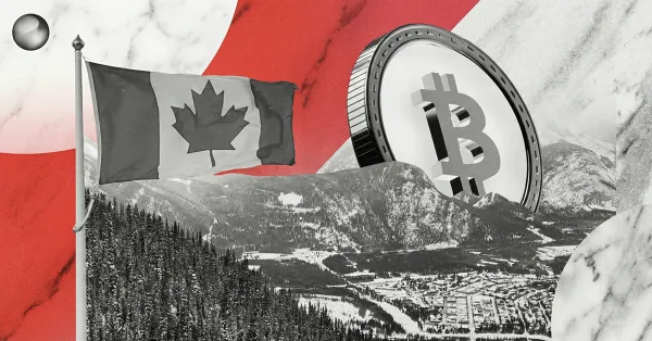Illustration of the Canadian flag over a mountainous landscape with a large Bitcoin coin, symbolizing Canada’s role in Bitcoin adoption, crypto mining, or digital asset regulation