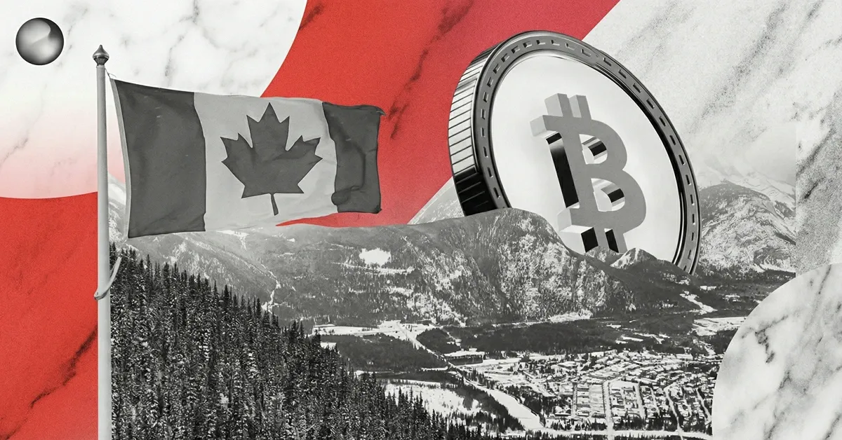Illustration of the Canadian flag over a mountainous landscape with a large Bitcoin coin, symbolizing Canada’s role in Bitcoin adoption, crypto mining, or digital asset regulation