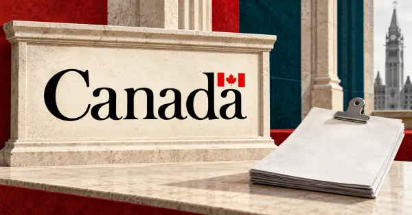 Large official black Canada wordmark with its red flag on an ivory stone sign beside a smaller unbranded greyscale redemption document with a steel clasp, against red and petrol panels.