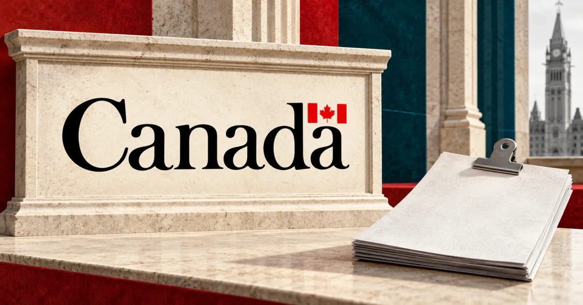 Large official black Canada wordmark with its red flag on an ivory stone sign beside a smaller unbranded greyscale redemption document with a steel clasp, against red and petrol panels.