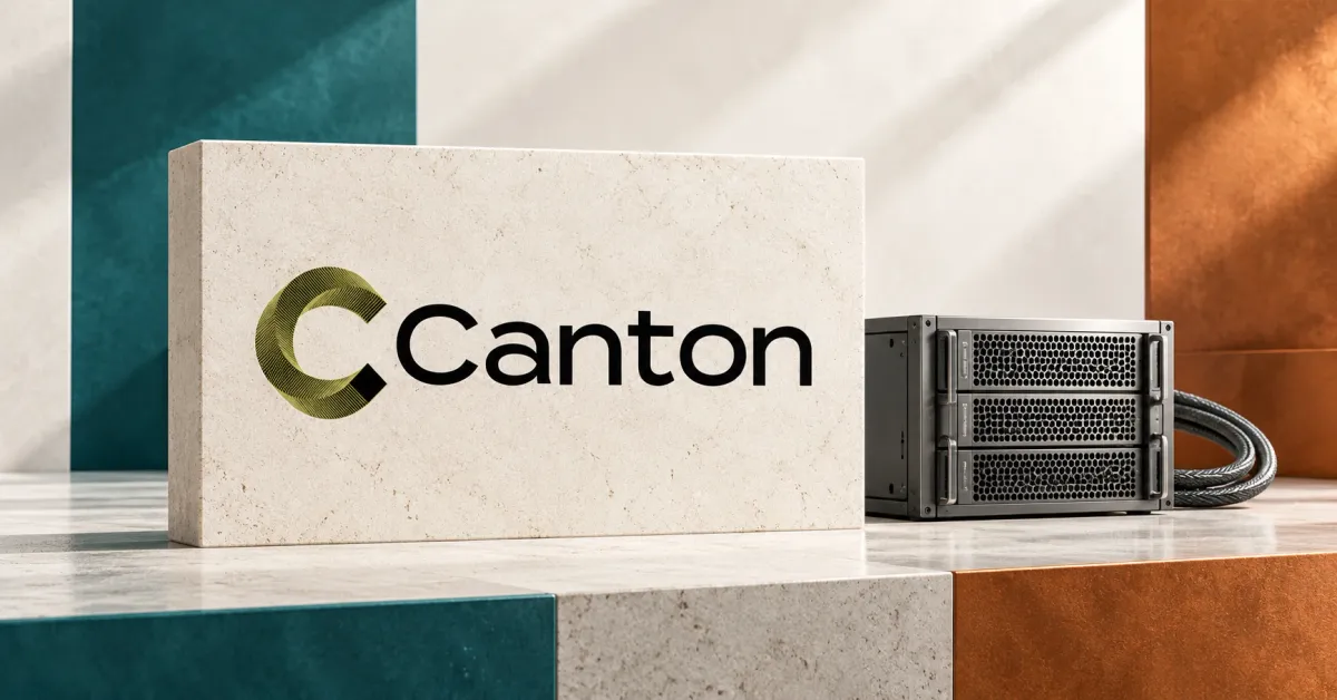 A large official olive-gold C emblem and black Canton wordmark on an ivory stone sign beside a smaller unbranded greyscale network server and coiled cable, against off-white, teal and copper panels.