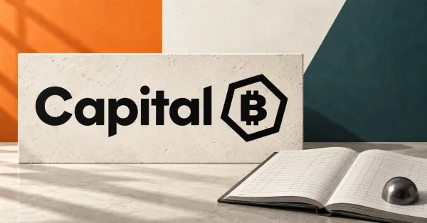 One large official black Capital B wordmark with its integral polygon-enclosed B symbol on a pale limestone sign beside an unbranded greyscale open financial ledger and steel paperweight, against orange and dark teal panels.