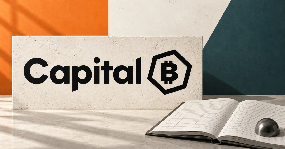 One large official black Capital B wordmark with its integral polygon-enclosed B symbol on a pale limestone sign beside an unbranded greyscale open financial ledger and steel paperweight, against orange and dark teal panels.