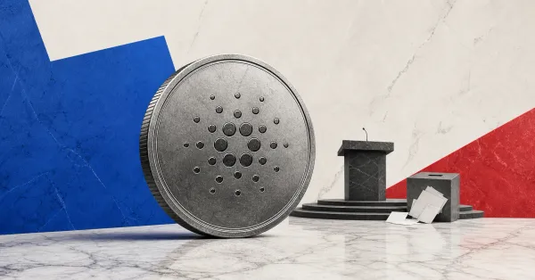 Greyscale Cardano coin and empty conference stage over blue and red editorial panels, illustrating ADA selling pressure and Cardano governance stress