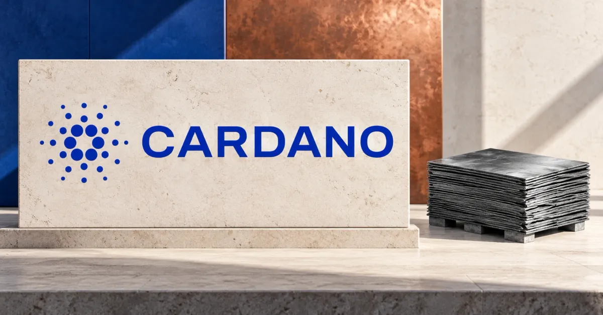 One large official blue Cardano starburst and CARDANO wordmark on an ivory stone sign beside a smaller unbranded greyscale stack of copper cathode sheets, against blue, copper and off-white architectural panels.