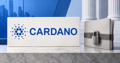 One large official blue Cardano starburst and CARDANO wordmark on an off-white stone sign beside an unbranded greyscale securities folder secured with a steel padlock, against blue architectural panels and pale columns.