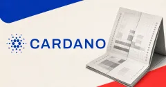 Official blue Cardano wordmark beside a greyscale folded governance ledger document over off-white, blue and red editorial panels, representing the van Rossem Protocol Version 11 hard fork.