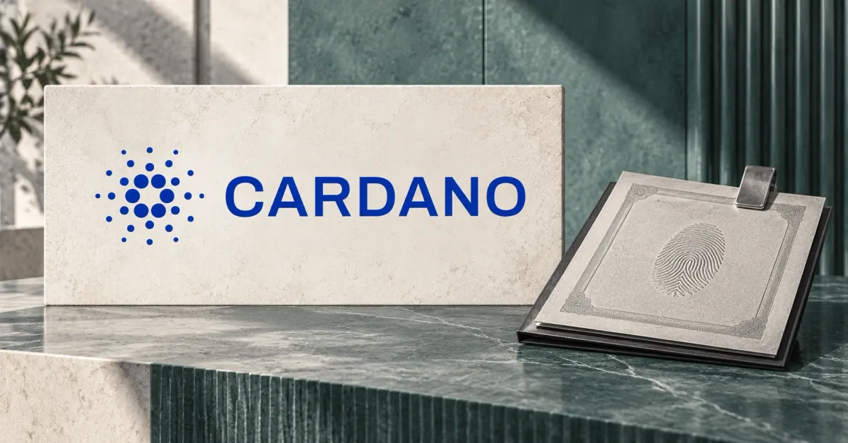 One large official blue Cardano starburst and CARDANO wordmark on an off-white stone sign beside an unbranded greyscale share-certificate folio with an embossed fingerprint and steel clip, against muted green architectural panels.