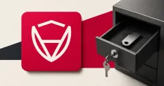 Large official CertiK white shield on a red plaque beside a greyscale hardware wallet secured in an open locked drawer.
