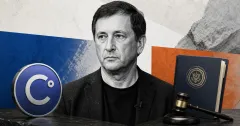 Greyscale Alex Mashinsky beside a Celsius token, CFTC enforcement order and locked trading terminal on blue and orange editorial panels.
