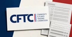 The official blue CFTC wordmark on a large white regulatory placard beside greyscale unbranded event-contract filing documents.