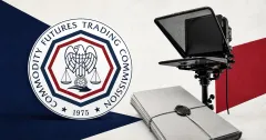 Large official CFTC seal on a navy regulatory plaque beside a greyscale unbranded teleprompter and sealed enforcement order on off-white, navy and crimson editorial panels.