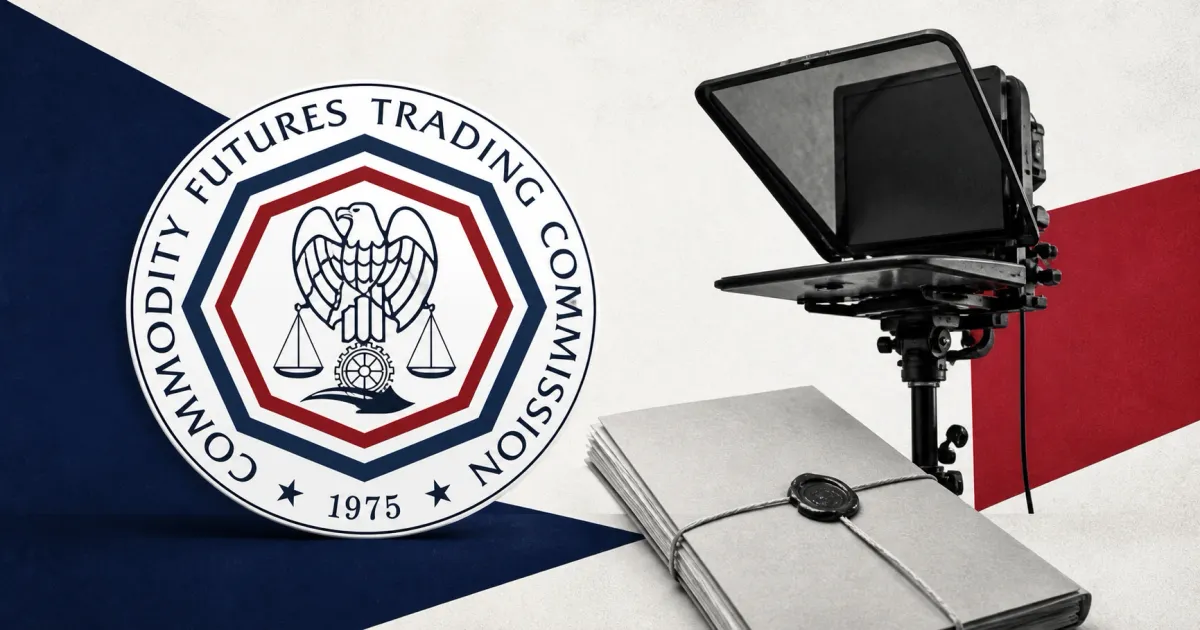 Large official CFTC seal on a navy regulatory plaque beside a greyscale unbranded teleprompter and sealed enforcement order on off-white, navy and crimson editorial panels.