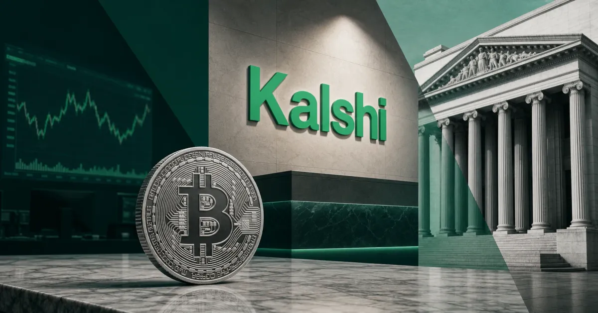 Kalshi green wordmark above a greyscale Bitcoin coin, U.S. regulator building and exchange terminal on green editorial panels representing the CFTC approval of Kalshi bitcoin perpetual futures