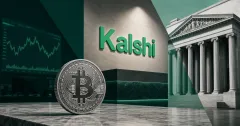 Kalshi green wordmark above a greyscale Bitcoin coin, U.S. regulator building and exchange terminal on green editorial panels representing the CFTC approval of Kalshi bitcoin perpetual futures