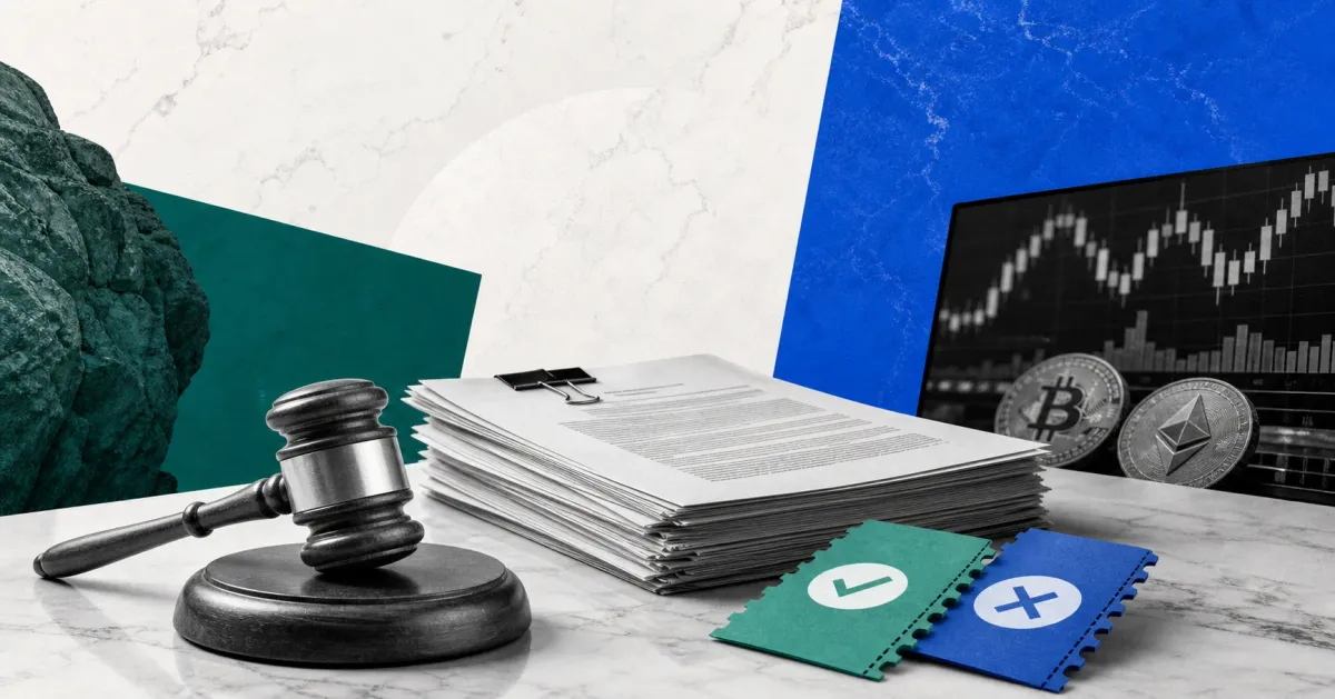 Greyscale regulator desk with prediction market tickets, crypto trading screens and green and blue editorial panels representing the CFTC rule proposal for Kalshi and Polymarket.