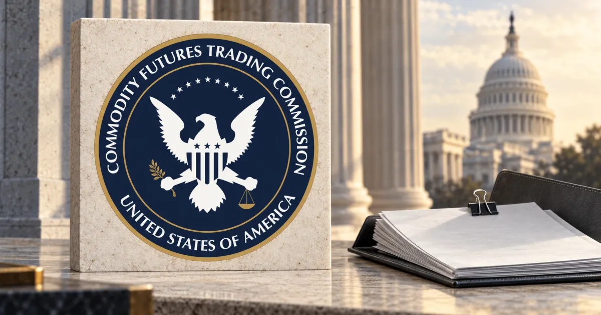 Large official navy, gold and white CFTC circular seal on an off-white stone desk sign beside an unbranded greyscale regulatory folio with blank papers and a binder clip, against a blurred Washington architectural backdrop.