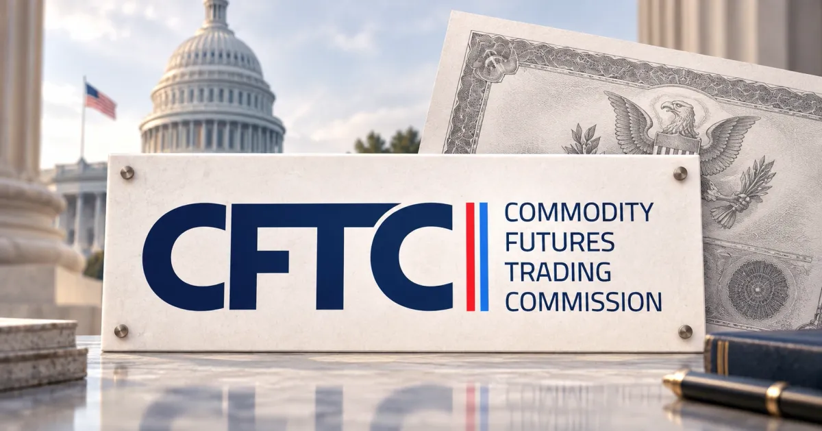 Large official navy CFTC wordmark on a white plaque in front of an unbranded greyscale Treasury-style certificate and the U.S. Capitol.