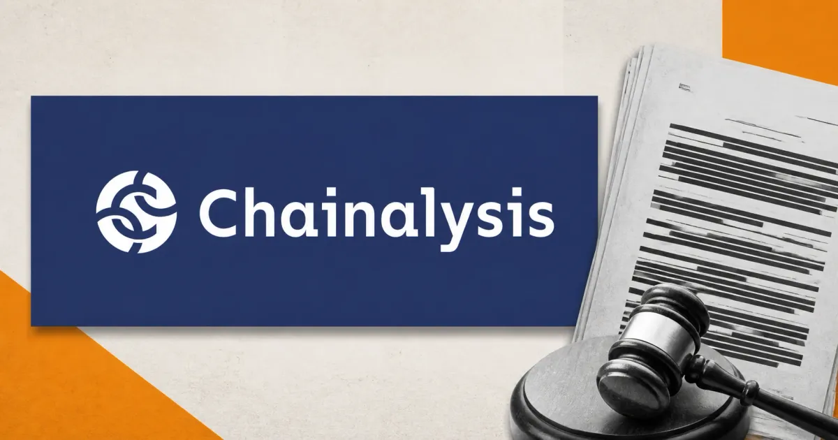 Large official white Chainalysis wordmark on a navy plaque beside a greyscale redacted court filing and gavel on off-white and amber editorial panels.