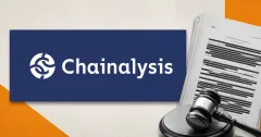Large official white Chainalysis wordmark on a navy plaque beside a greyscale redacted court filing and gavel on off-white and amber editorial panels.