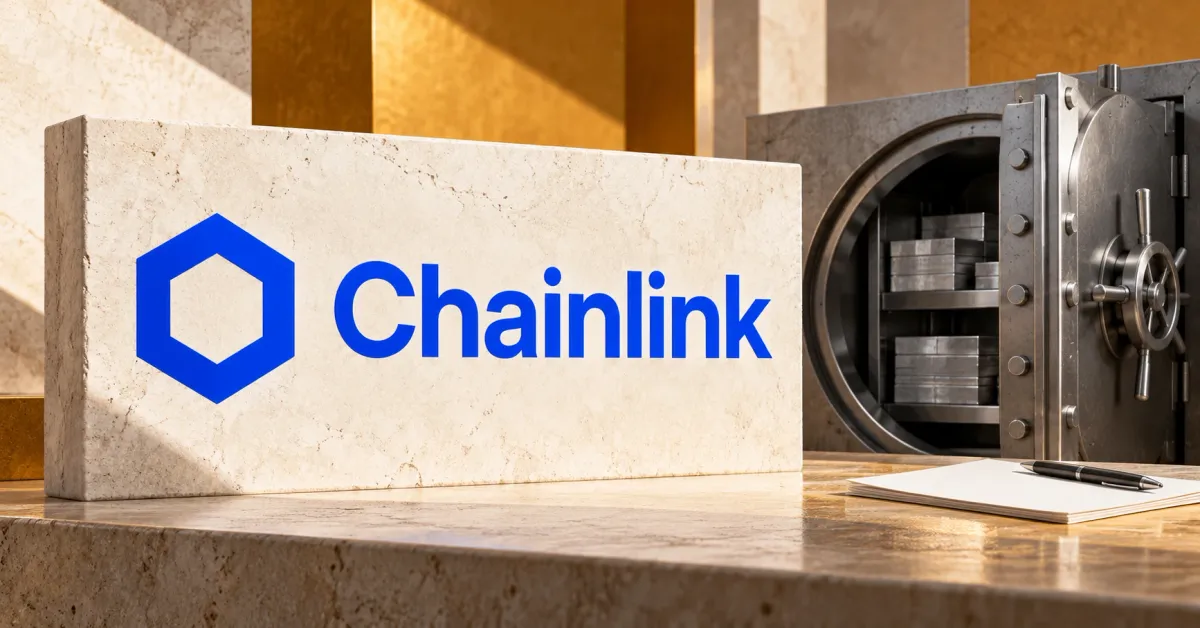 Large official blue Chainlink hexagon and wordmark on an ivory stone sign beside a smaller unbranded greyscale collateral vault and blank ledger, against ochre architectural panels.
