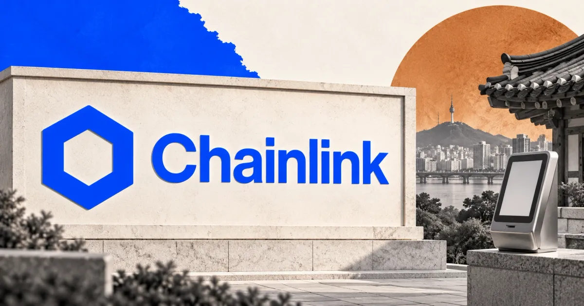 Large official blue Chainlink hexagon and wordmark on an ivory architectural sign beside an unbranded greyscale payment terminal, with Korean tiled roofing and Seoul scenery against cobalt and copper panels.